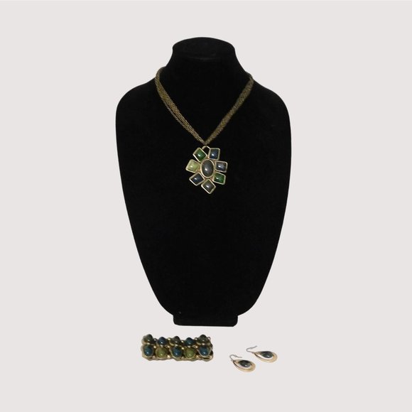 Set Necklace 16-19" Marble Pierced Fishhook Earrings Bracelet Bronze Green Blue - Picture 11 of 13